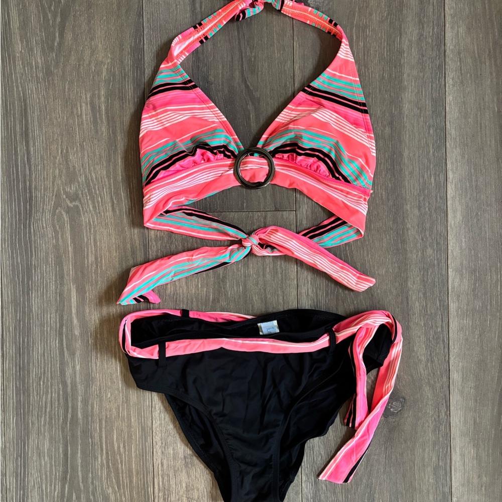 Pink and Black Striped Bikini Set Turquoise Couture medium